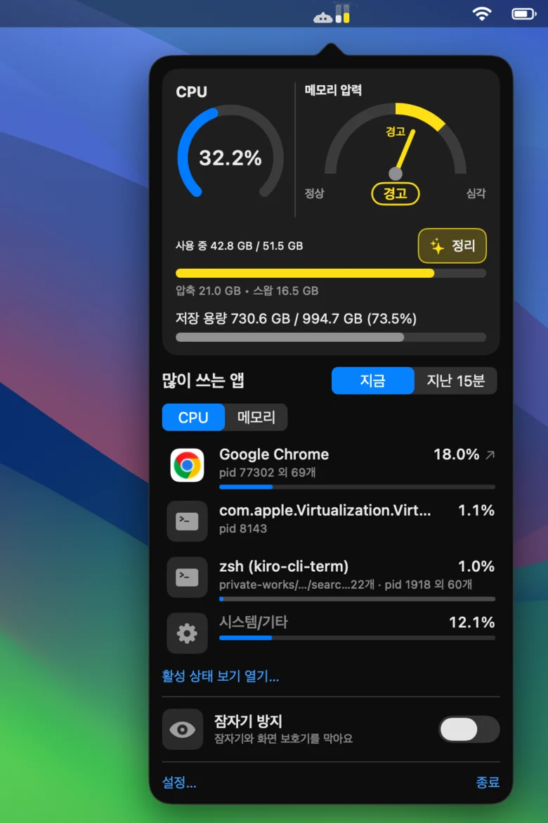 Slimo panel under the menu bar slime, showing CPU, memory pressure, a Clean button and the top apps
